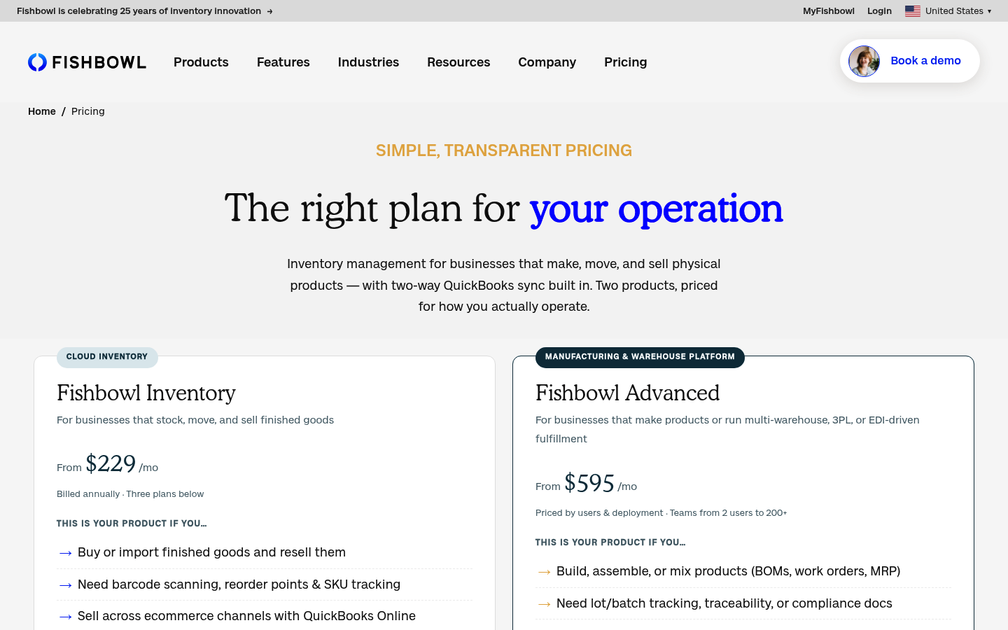 Screenshot of Fishbowl Inventory's pricing page showing its plans and prices