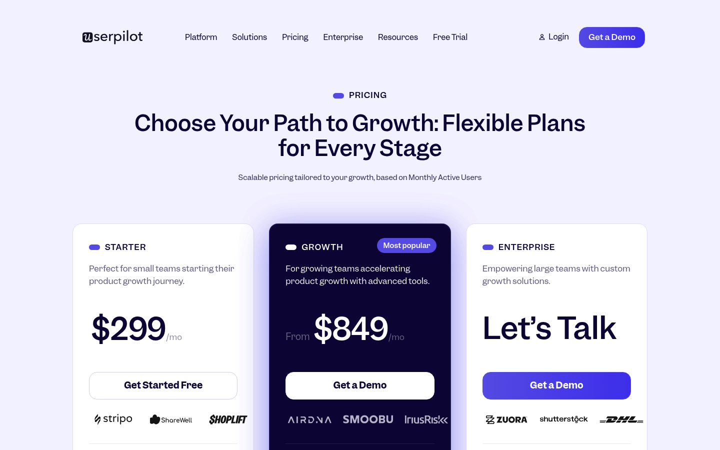 Screenshot of Userpilot's pricing page showing its plans and prices