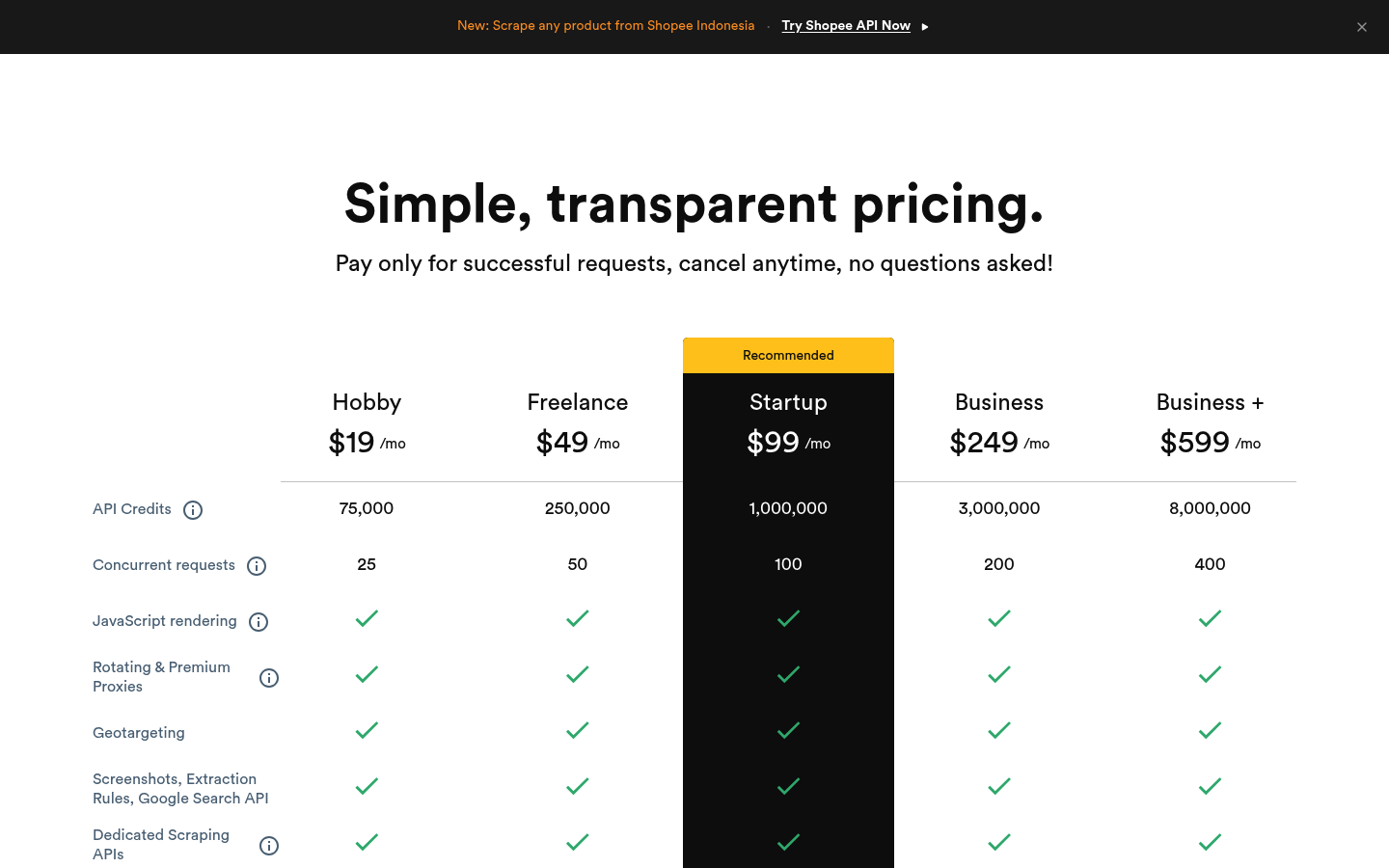 Screenshot of ScrapingBee's pricing page showing its plans and prices