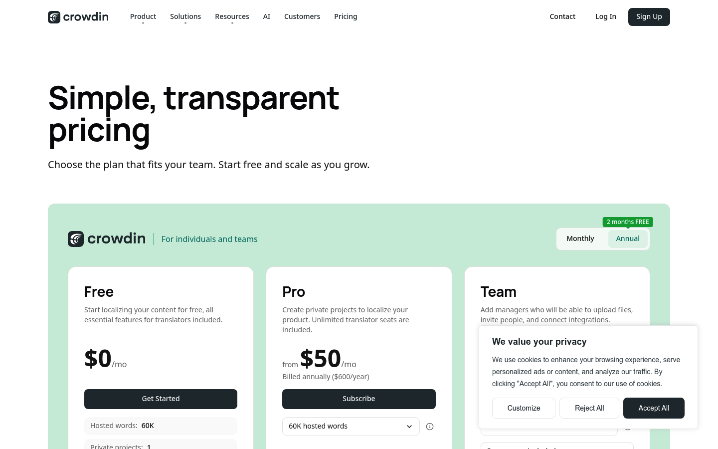 Screenshot of Crowdin's pricing page showing its plans and prices