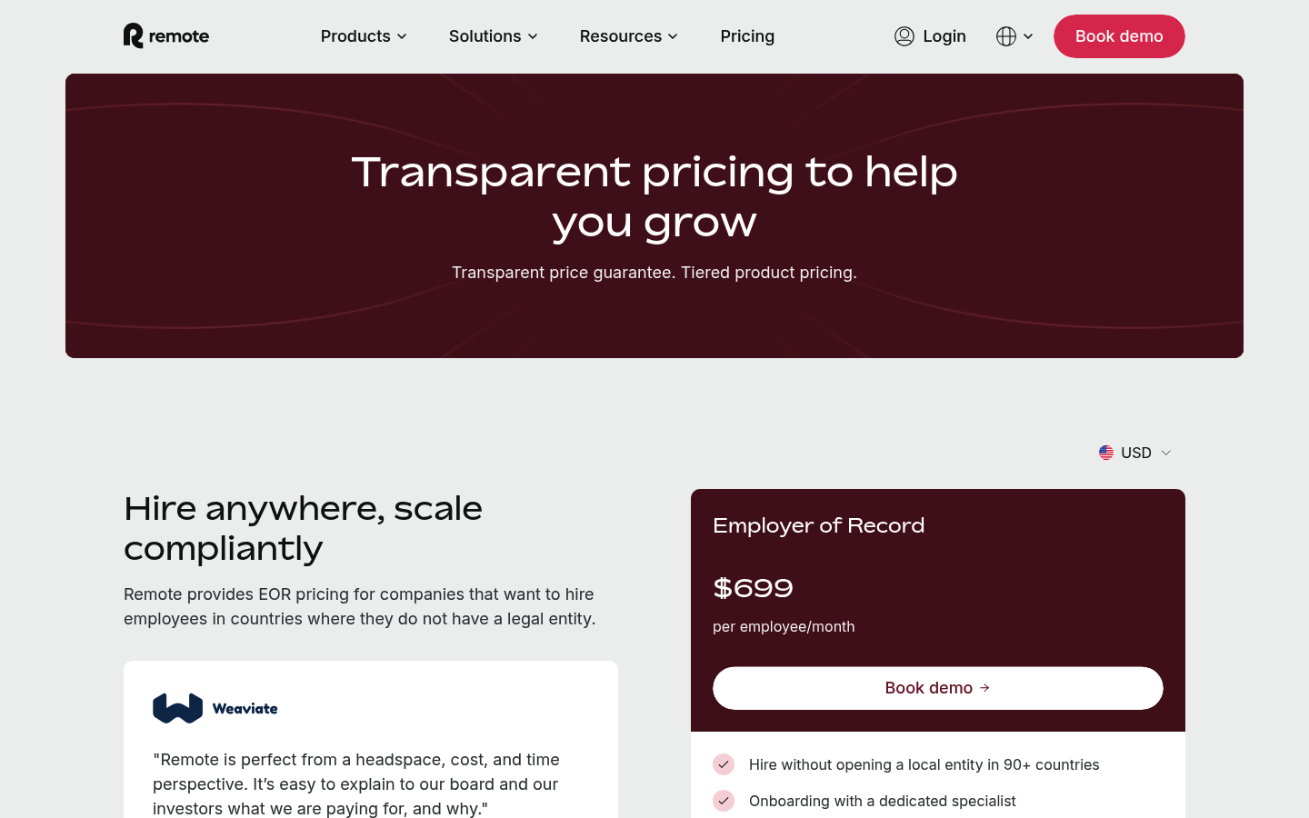 Screenshot of Remote's pricing page showing its plans and prices