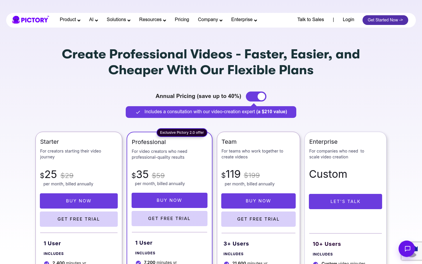 Screenshot of Pictory's pricing page showing its plans and prices