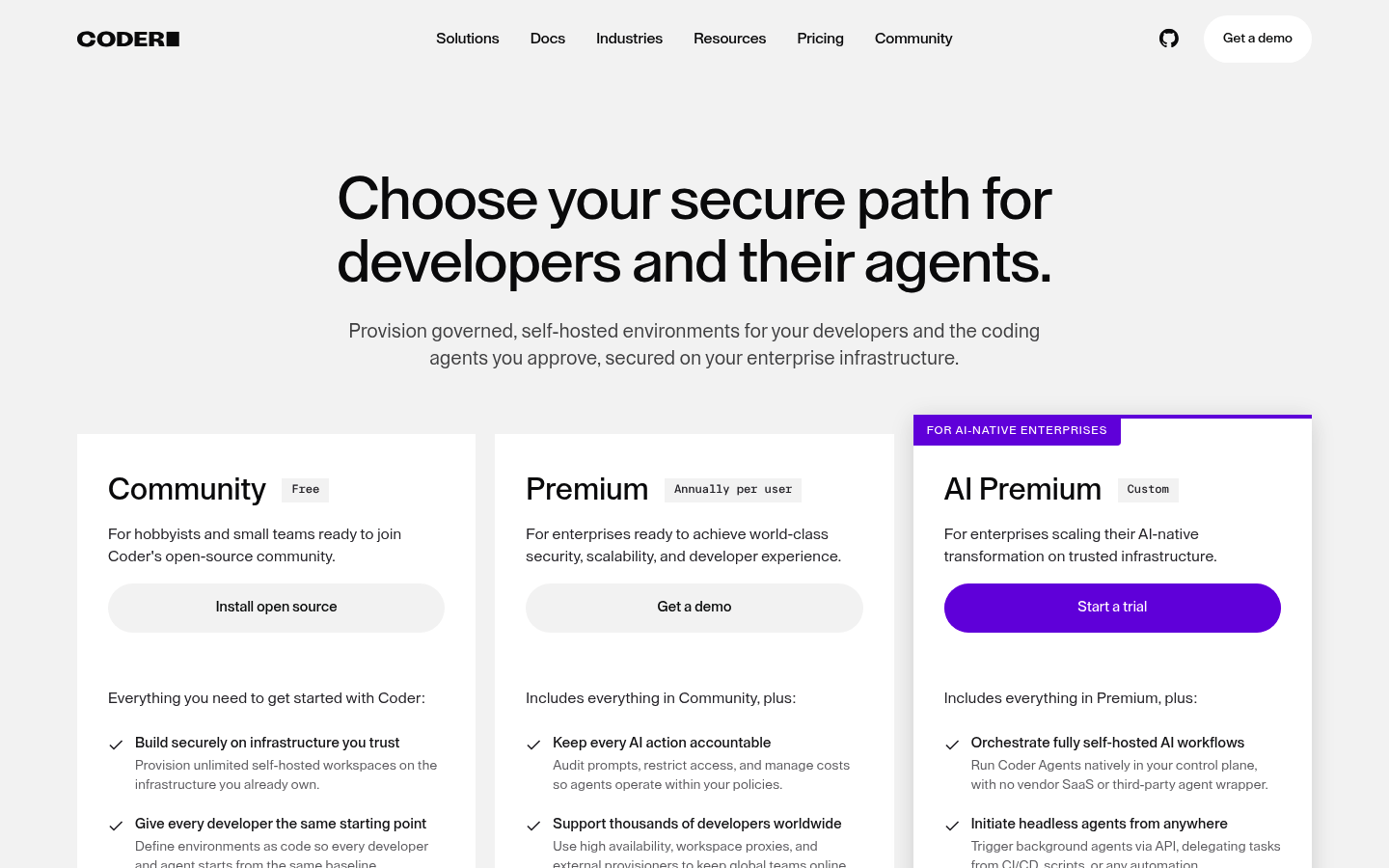 Screenshot of Coder's pricing page showing its plans and prices
