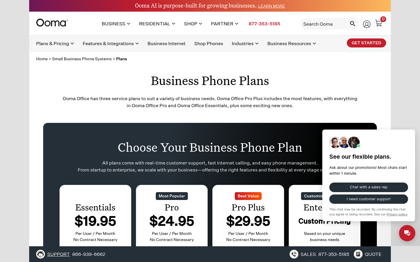 Screenshot of Ooma's pricing page showing its plans and prices