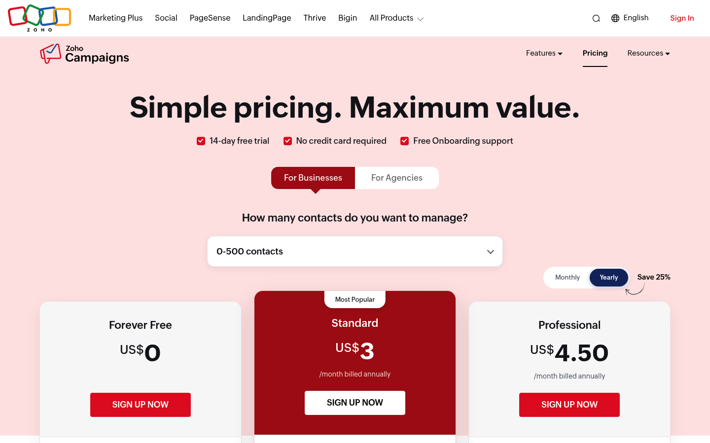 Screenshot of Zoho Campaigns's pricing page showing its plans and prices