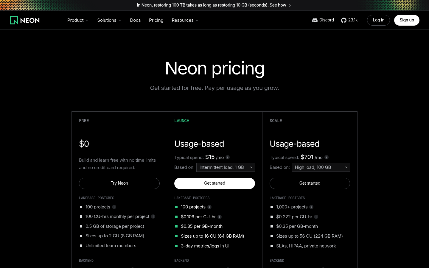 Screenshot of Neon's pricing page showing its plans and prices