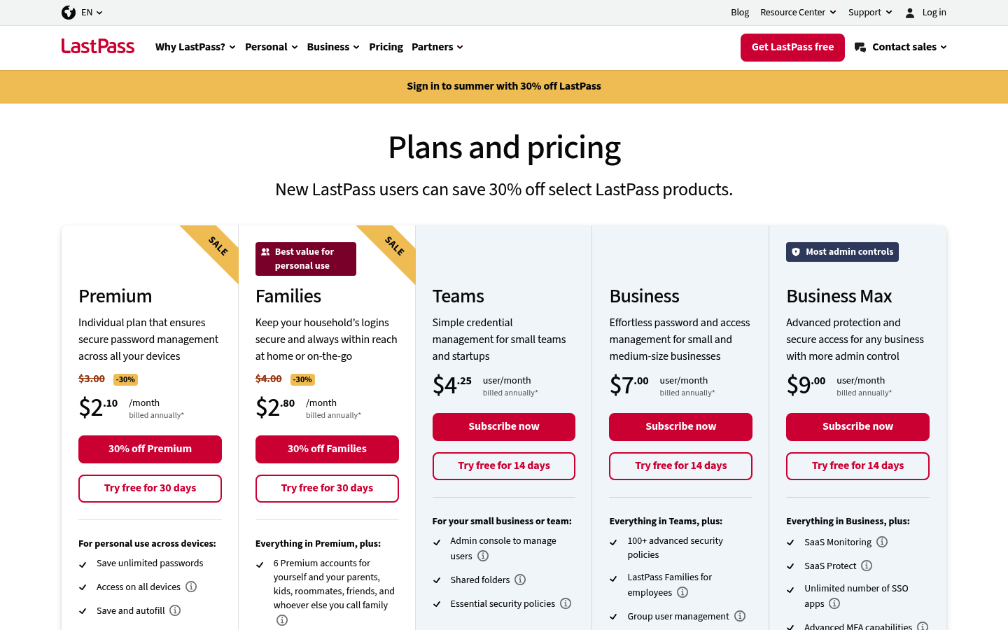 Screenshot of LastPass's pricing page showing its plans and prices