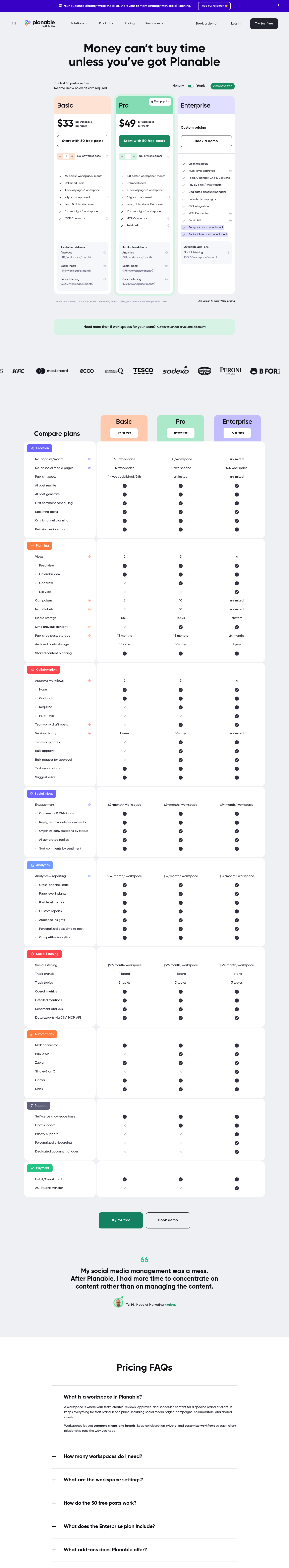 Screenshot of Planable's pricing page showing its plans and prices