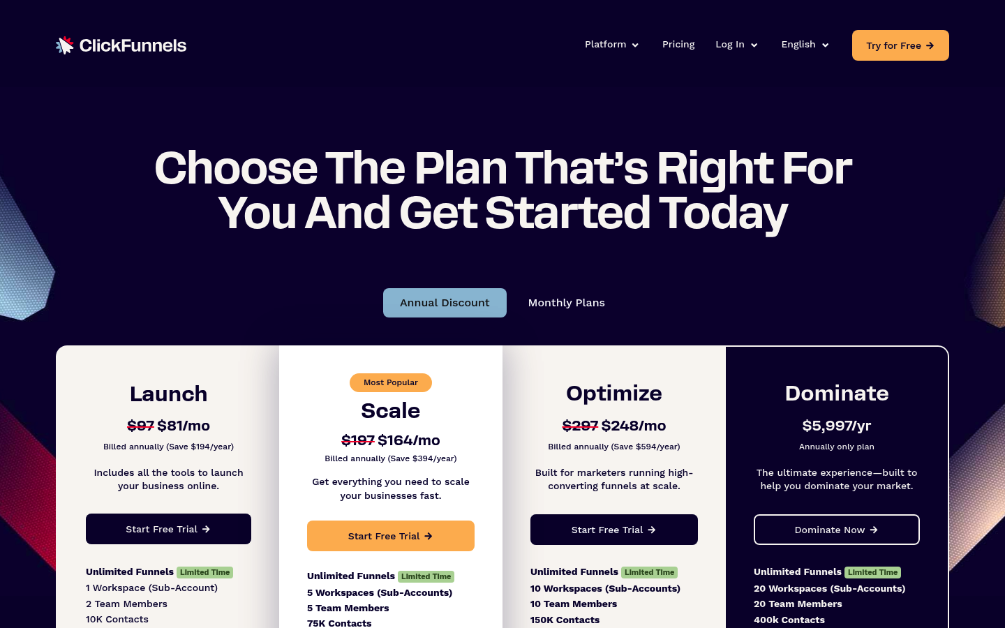 Screenshot of ClickFunnels's pricing page showing its plans and prices
