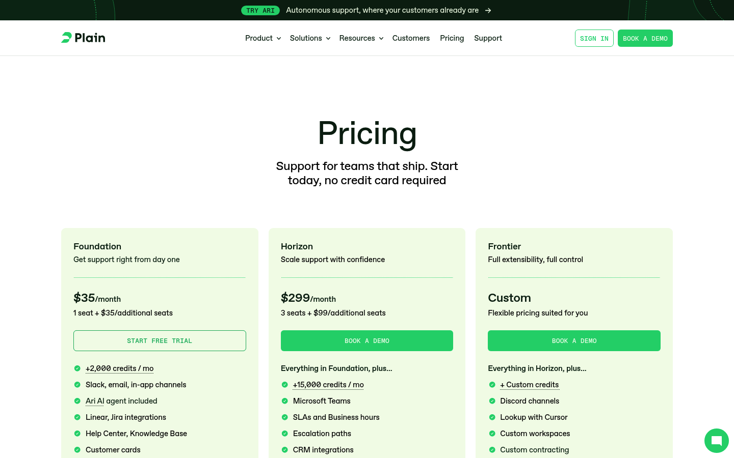 Screenshot of Plain's pricing page showing its plans and prices