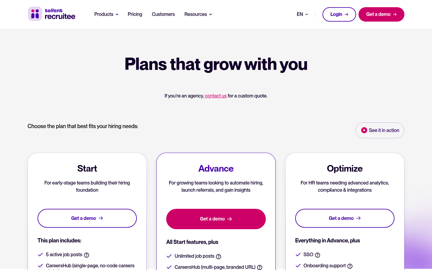 Screenshot of Recruitee's pricing page showing its plans and prices