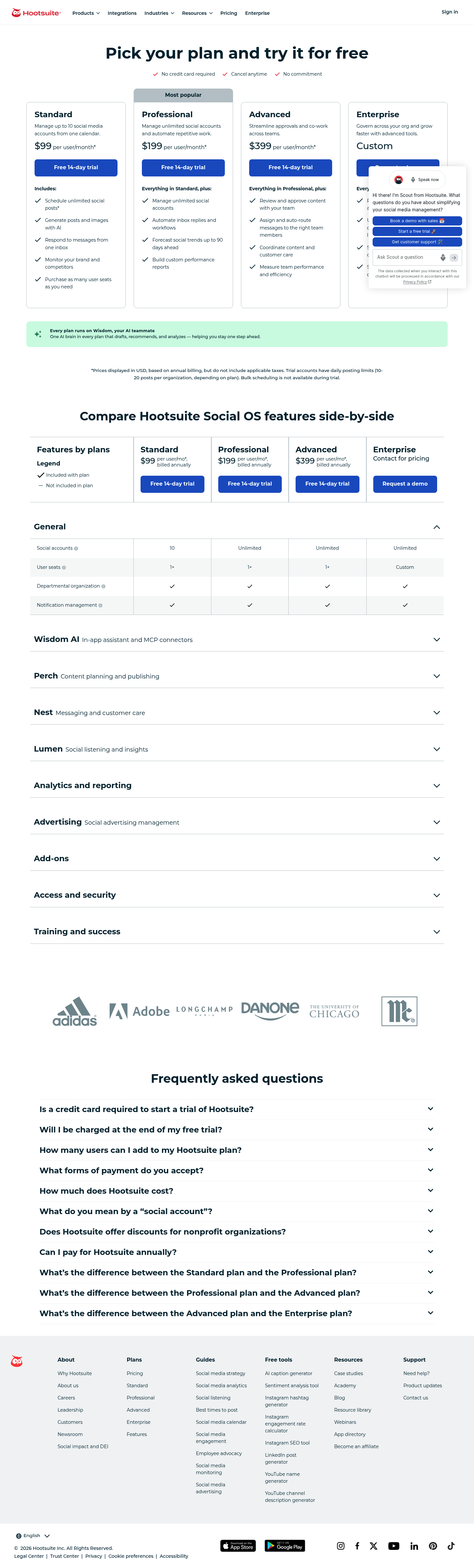 Screenshot of Hootsuite's pricing page showing its plans and prices