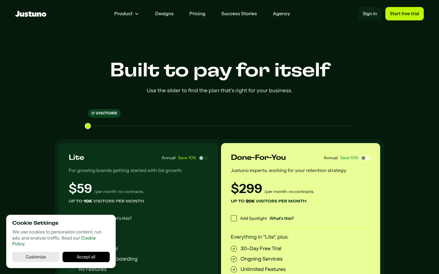 Screenshot of Justuno's pricing page showing its plans and prices