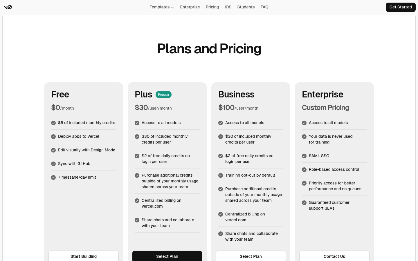 Screenshot of v0's pricing page showing its plans and prices