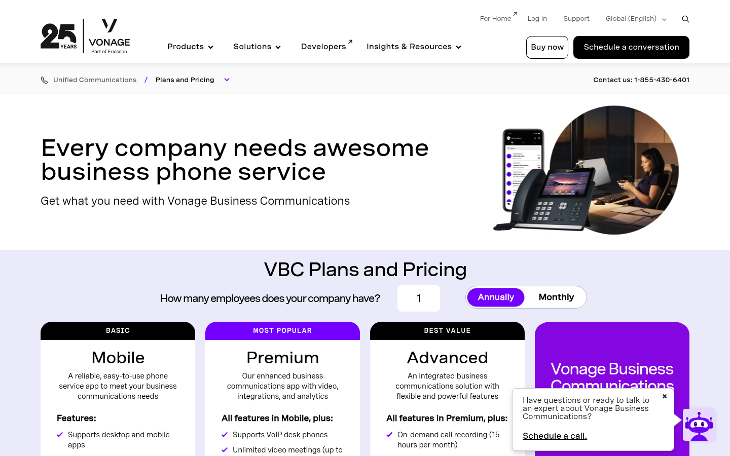 Screenshot of Vonage's pricing page showing its plans and prices