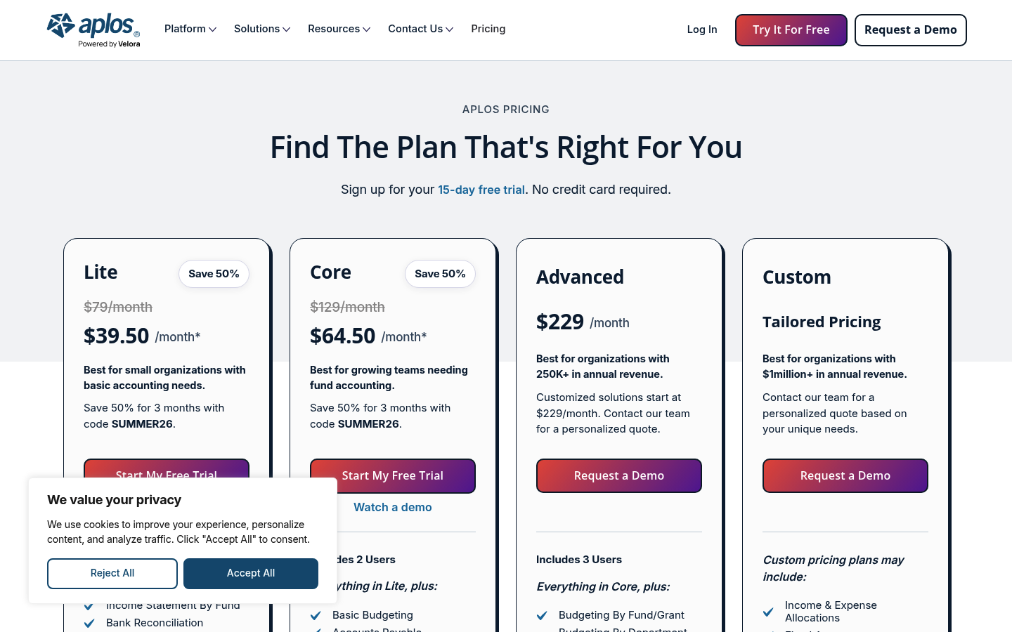 Screenshot of Aplos's pricing page showing its plans and prices