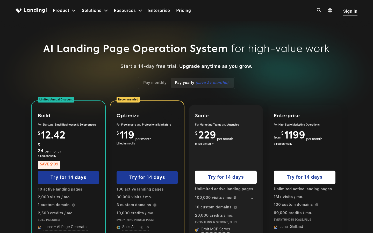 Screenshot of Landingi's pricing page showing its plans and prices