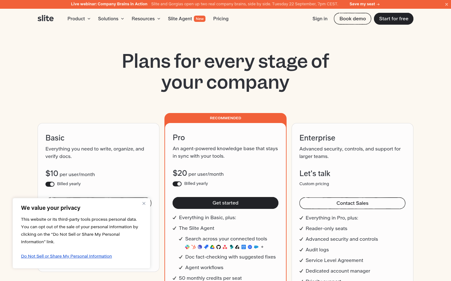 Screenshot of Slite's pricing page showing its plans and prices