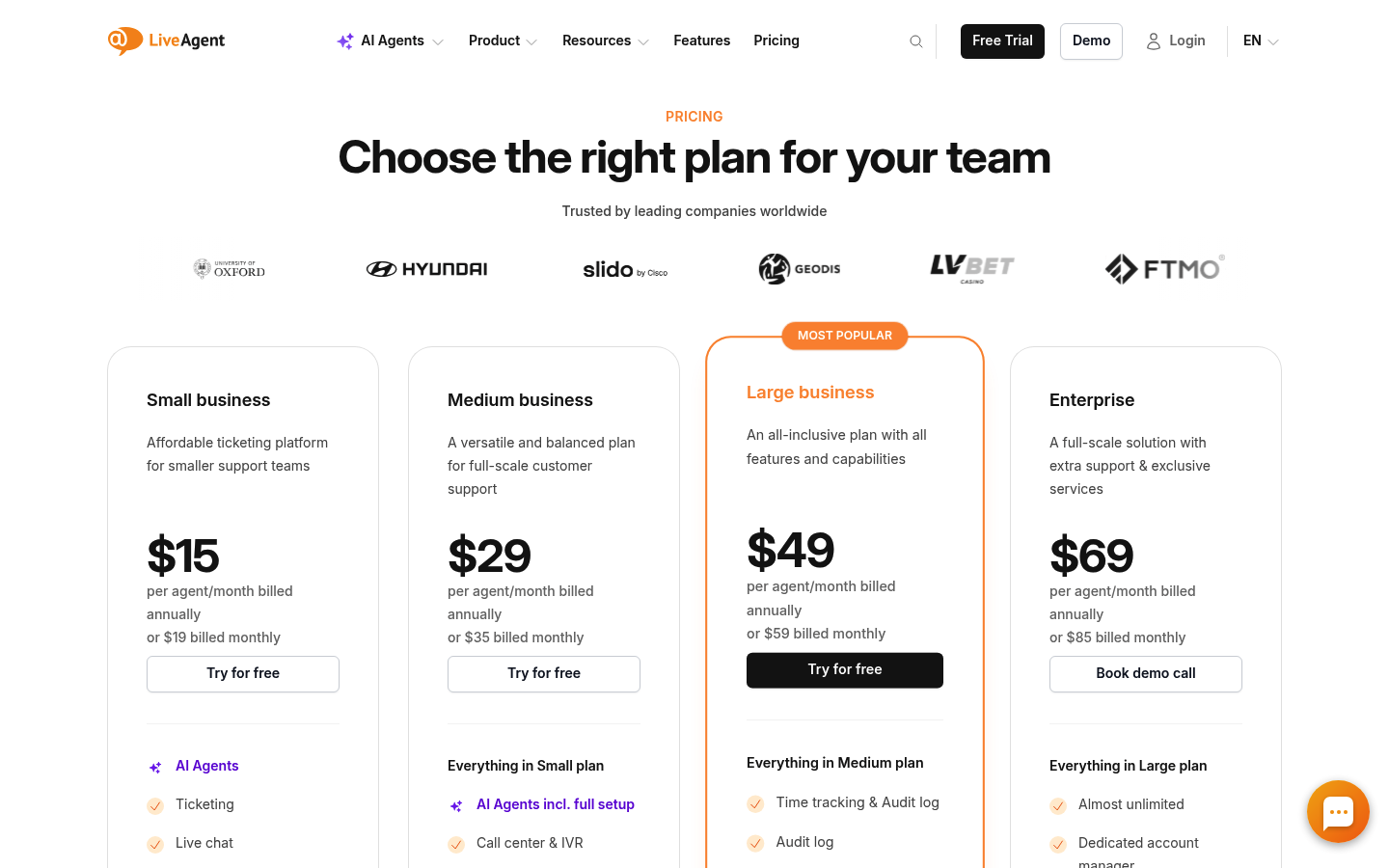 Screenshot of LiveAgent's pricing page showing its plans and prices
