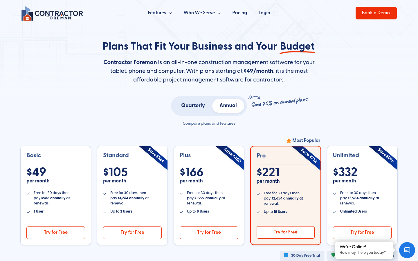 Screenshot of Contractor Foreman's pricing page showing its plans and prices