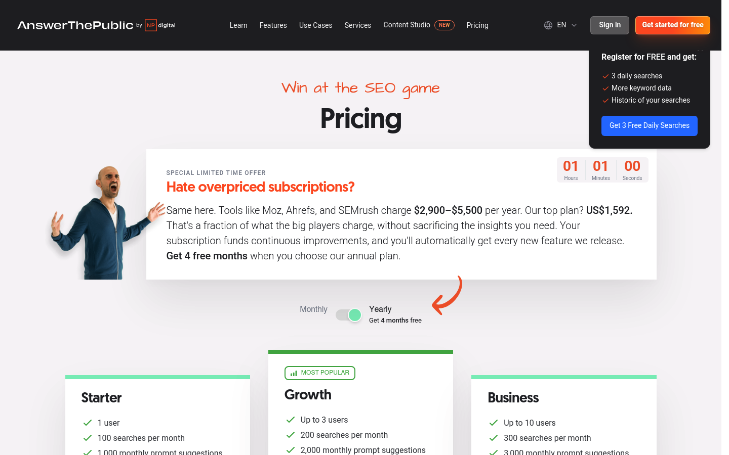 Screenshot of AnswerThePublic's pricing page showing its plans and prices