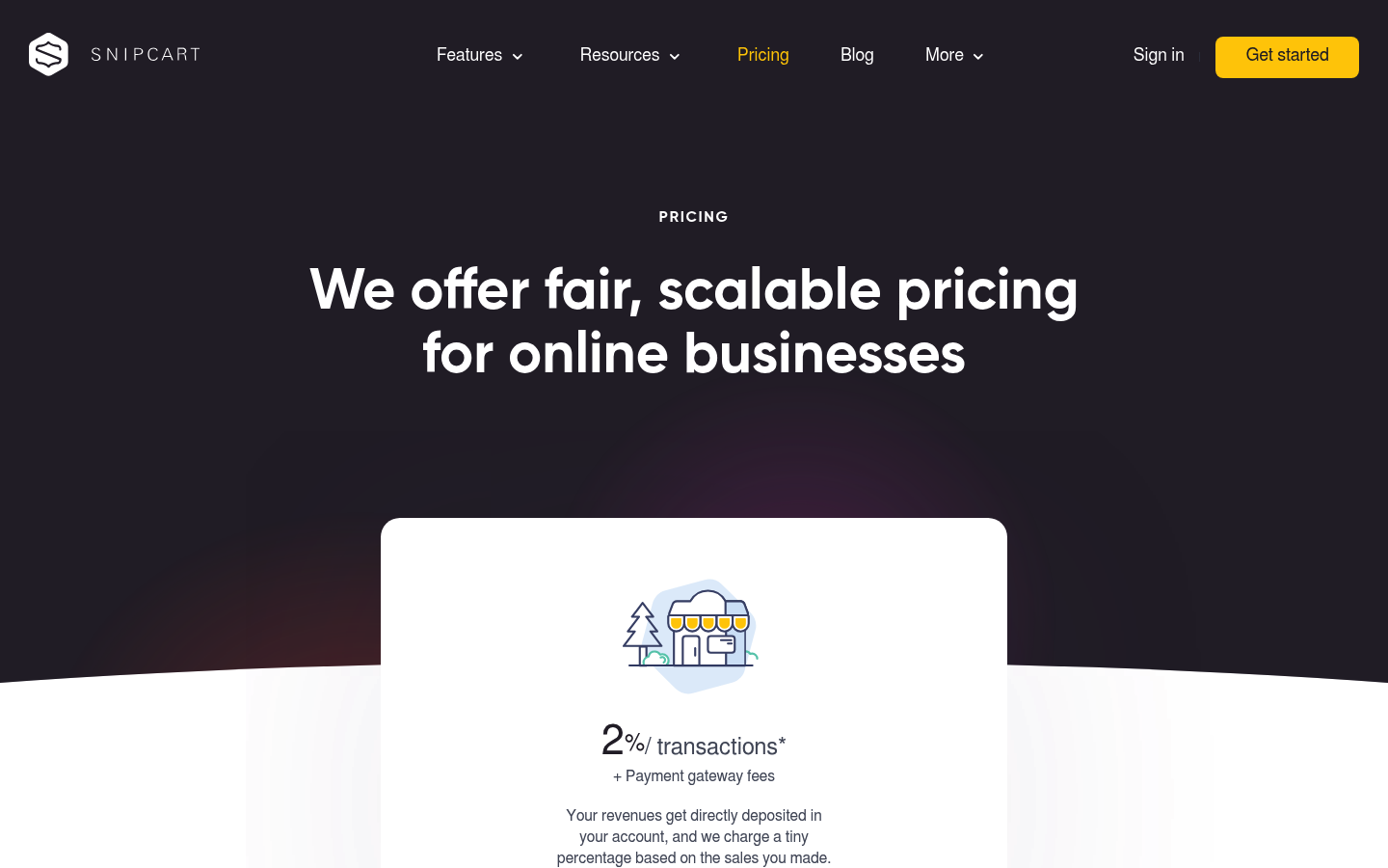 Screenshot of Snipcart's pricing page showing its plans and prices