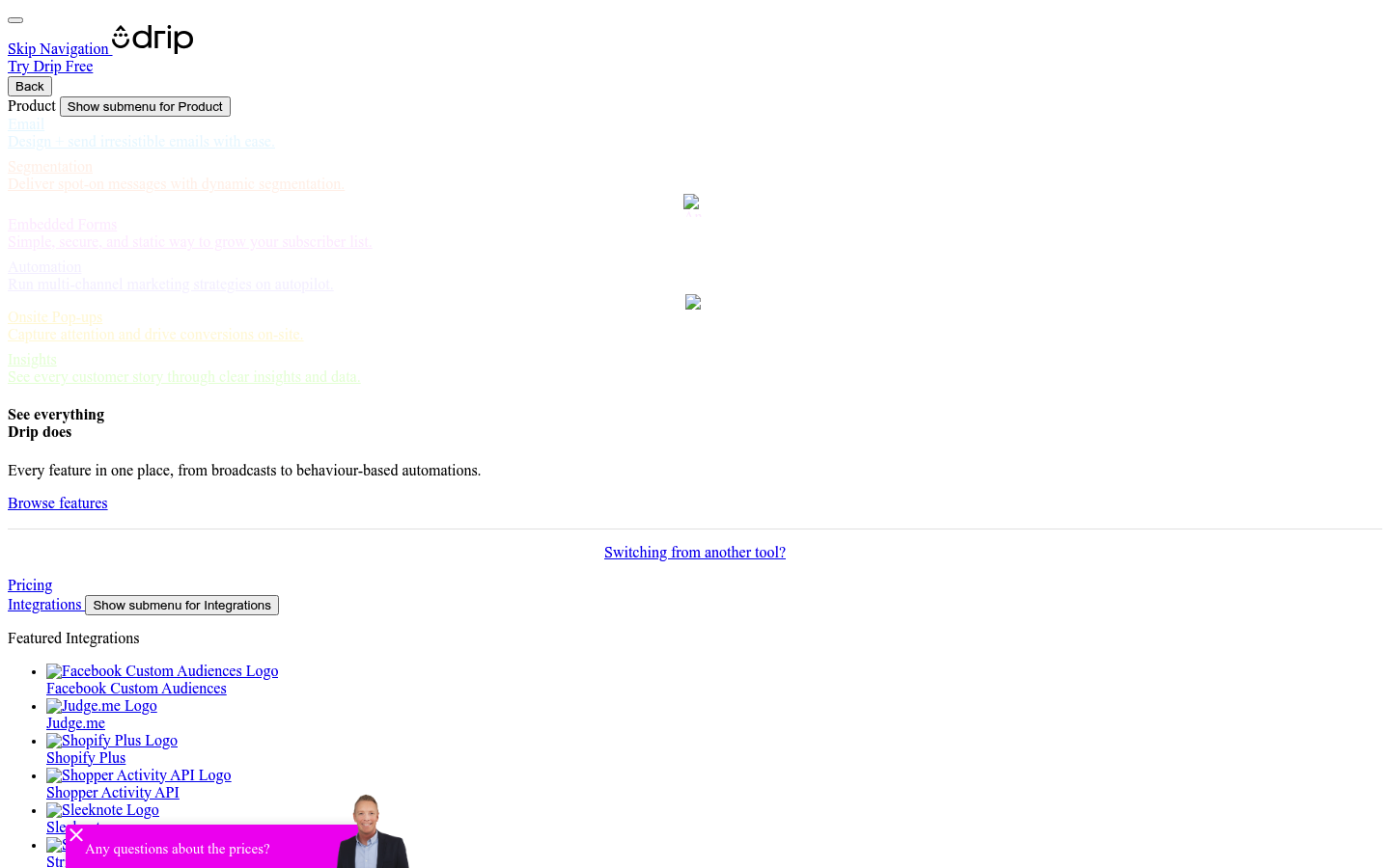 Screenshot of Drip's pricing page showing its plans and prices