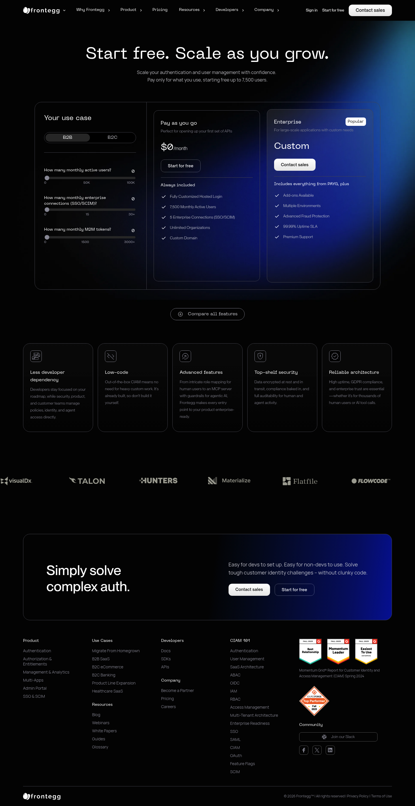 Screenshot of Frontegg's pricing page showing its plans and prices