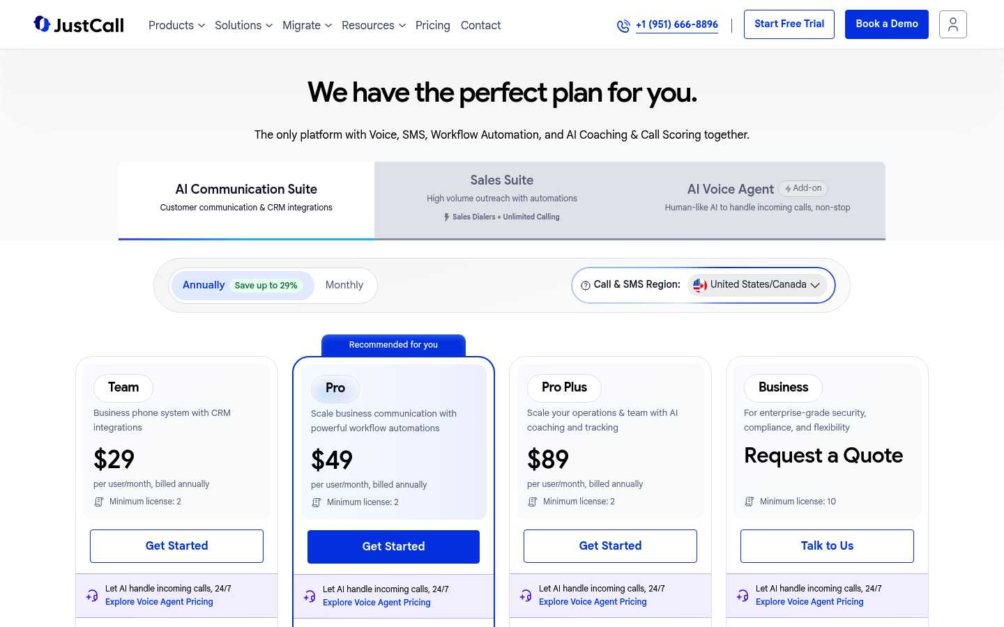 Screenshot of JustCall's pricing page showing its plans and prices