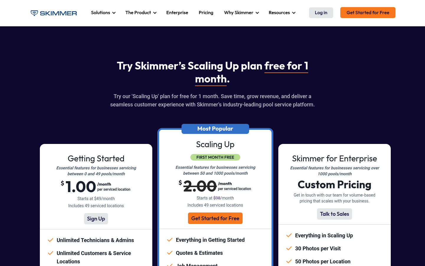 Screenshot of Skimmer's pricing page showing its plans and prices