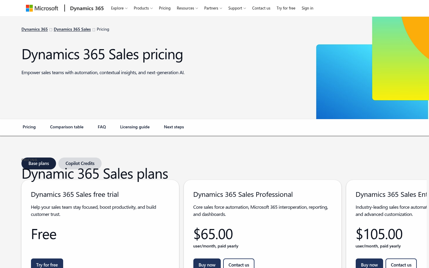Screenshot of Microsoft Dynamics 365's pricing page showing its plans and prices