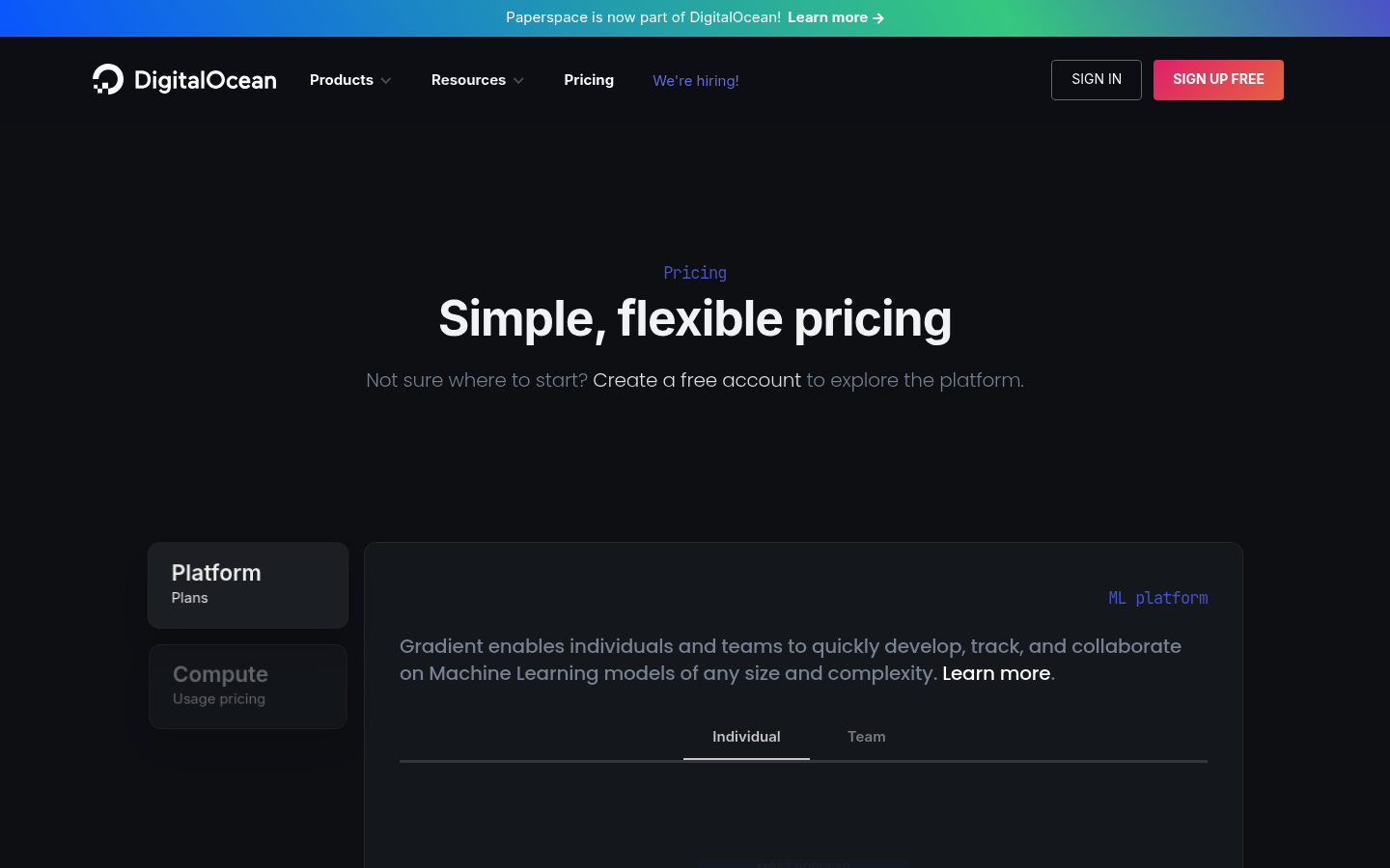 Screenshot of Paperspace's pricing page showing its plans and prices