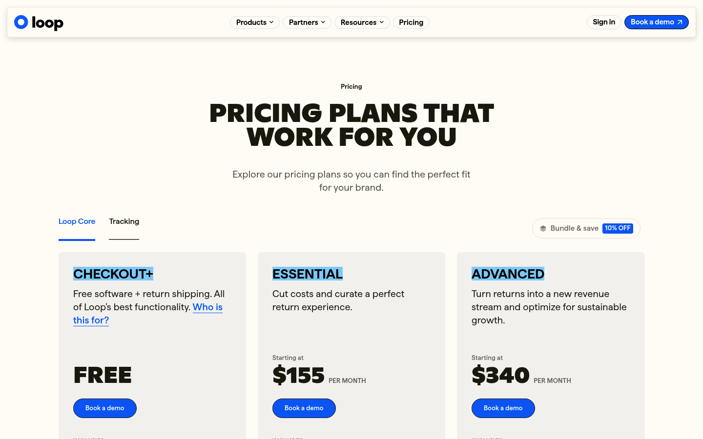 Screenshot of Loop Returns's pricing page showing its plans and prices