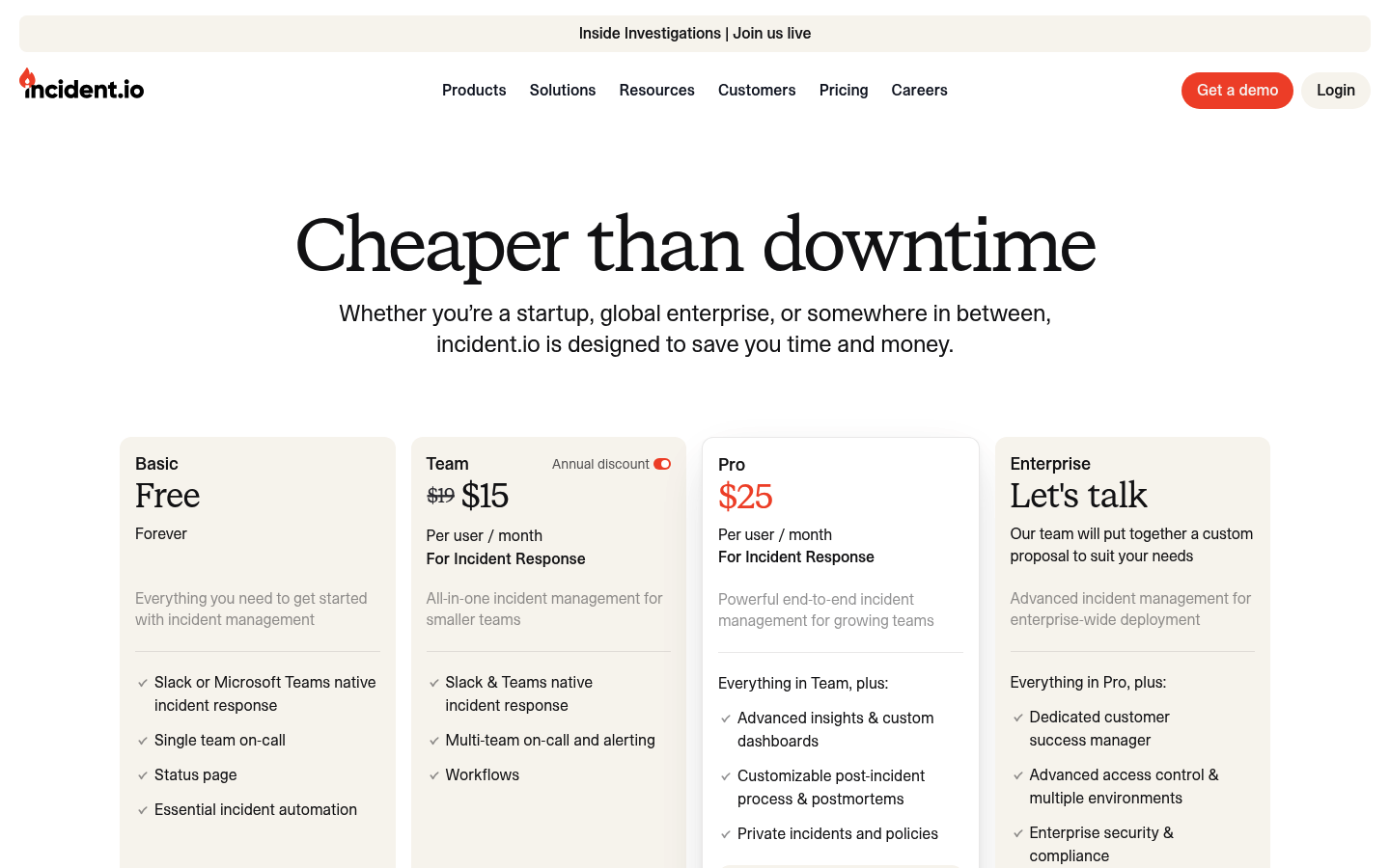 Screenshot of incident.io's pricing page showing its plans and prices
