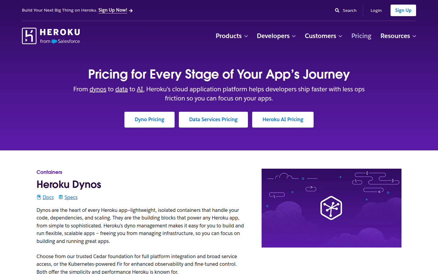 Screenshot of Heroku's pricing page showing its plans and prices