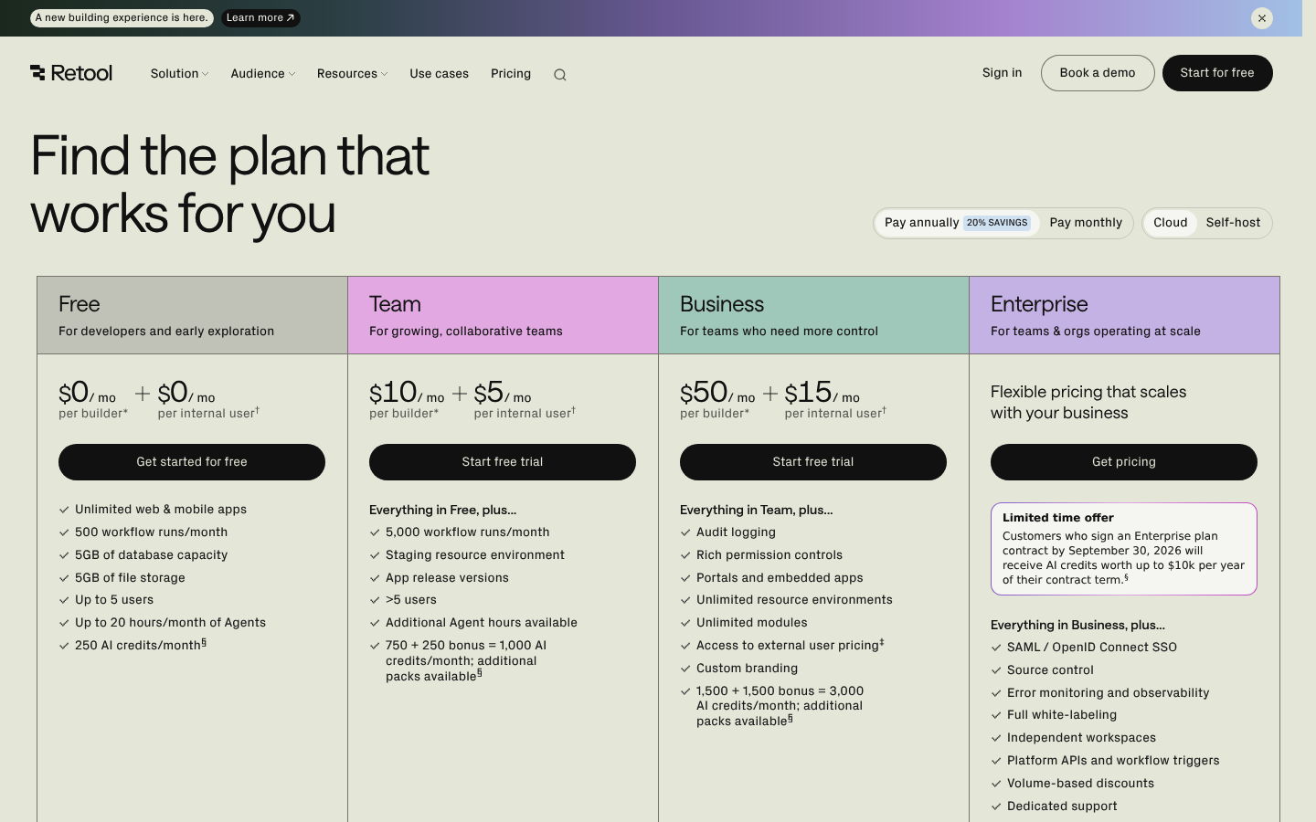 Screenshot of Retool's pricing page showing its plans and prices