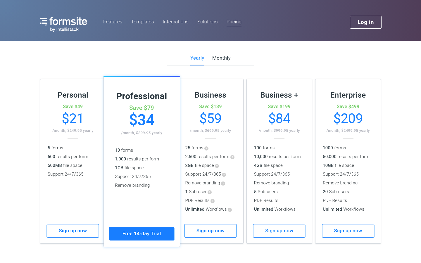 Screenshot of Formsite's pricing page showing its plans and prices