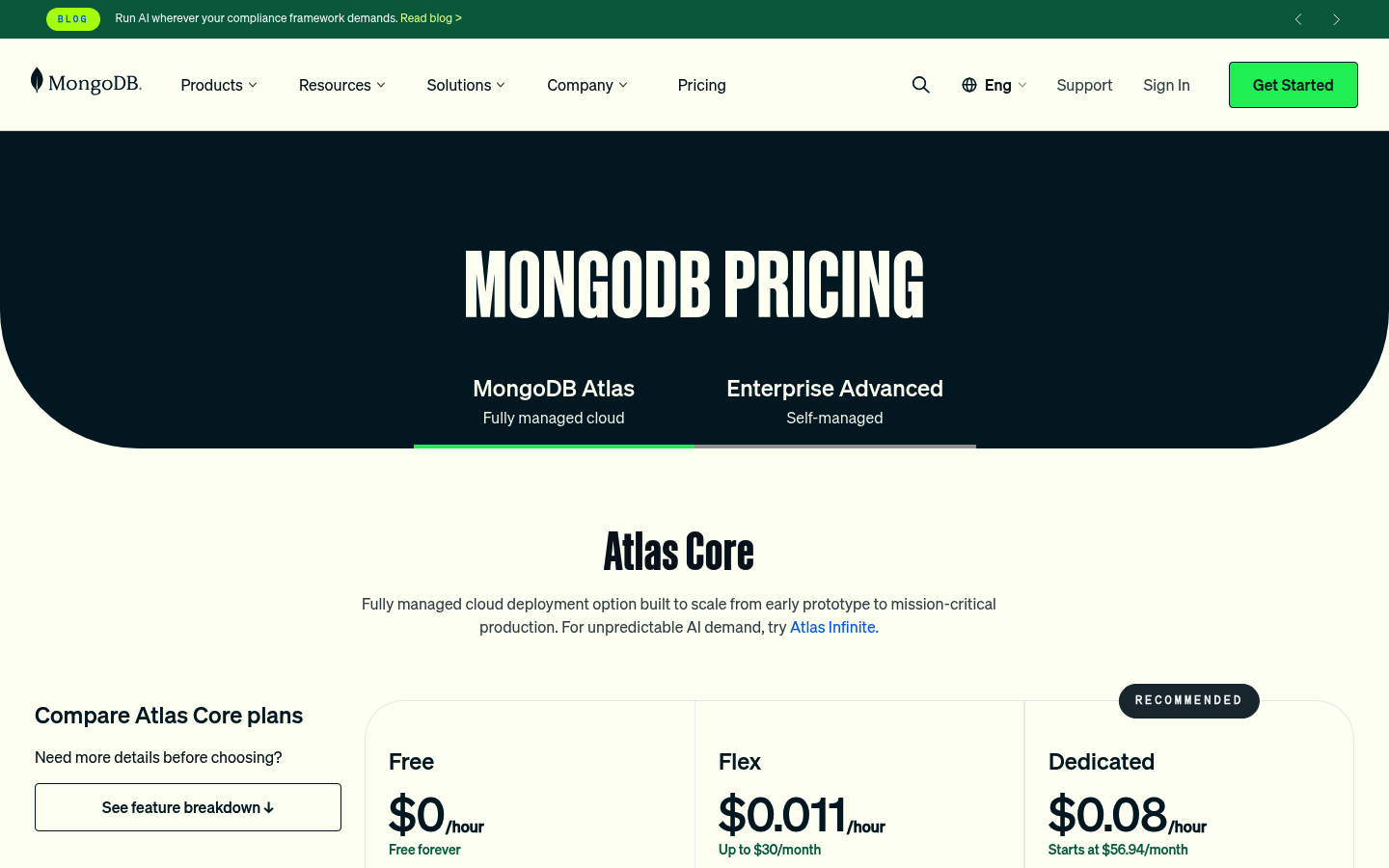 Screenshot of MongoDB Atlas's pricing page showing its plans and prices