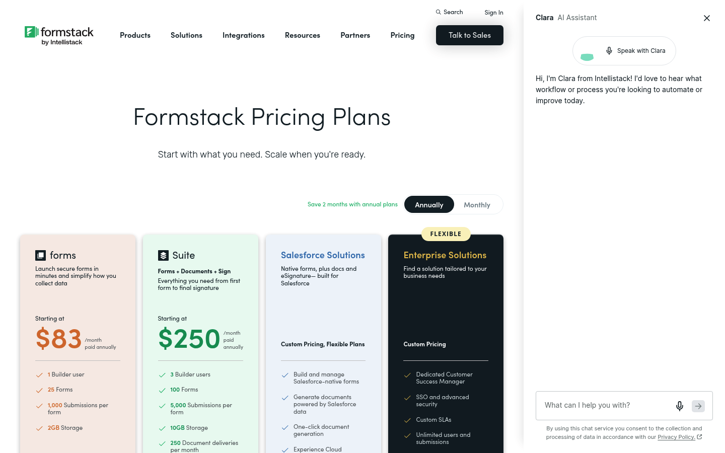 Screenshot of Formstack's pricing page showing its plans and prices
