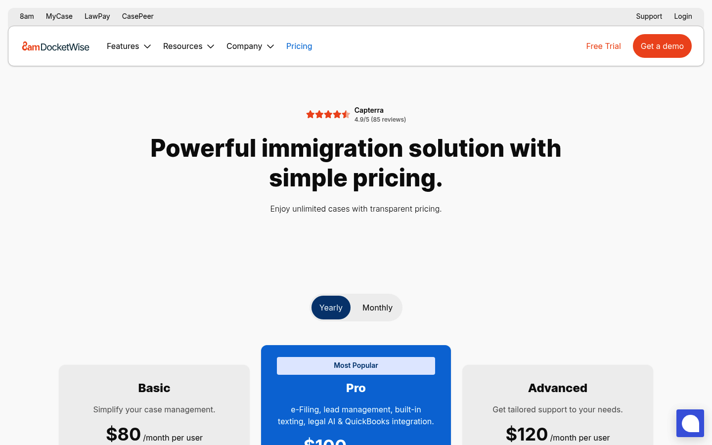 Screenshot of Docketwise's pricing page showing its plans and prices