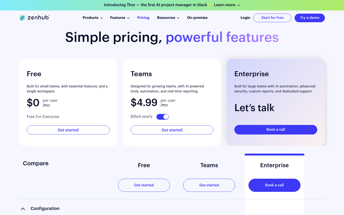 Screenshot of Zenhub's pricing page showing its plans and prices