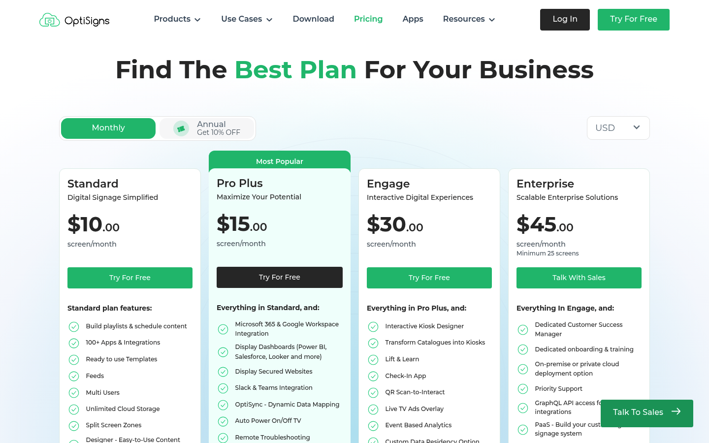 Screenshot of OptiSigns's pricing page showing its plans and prices