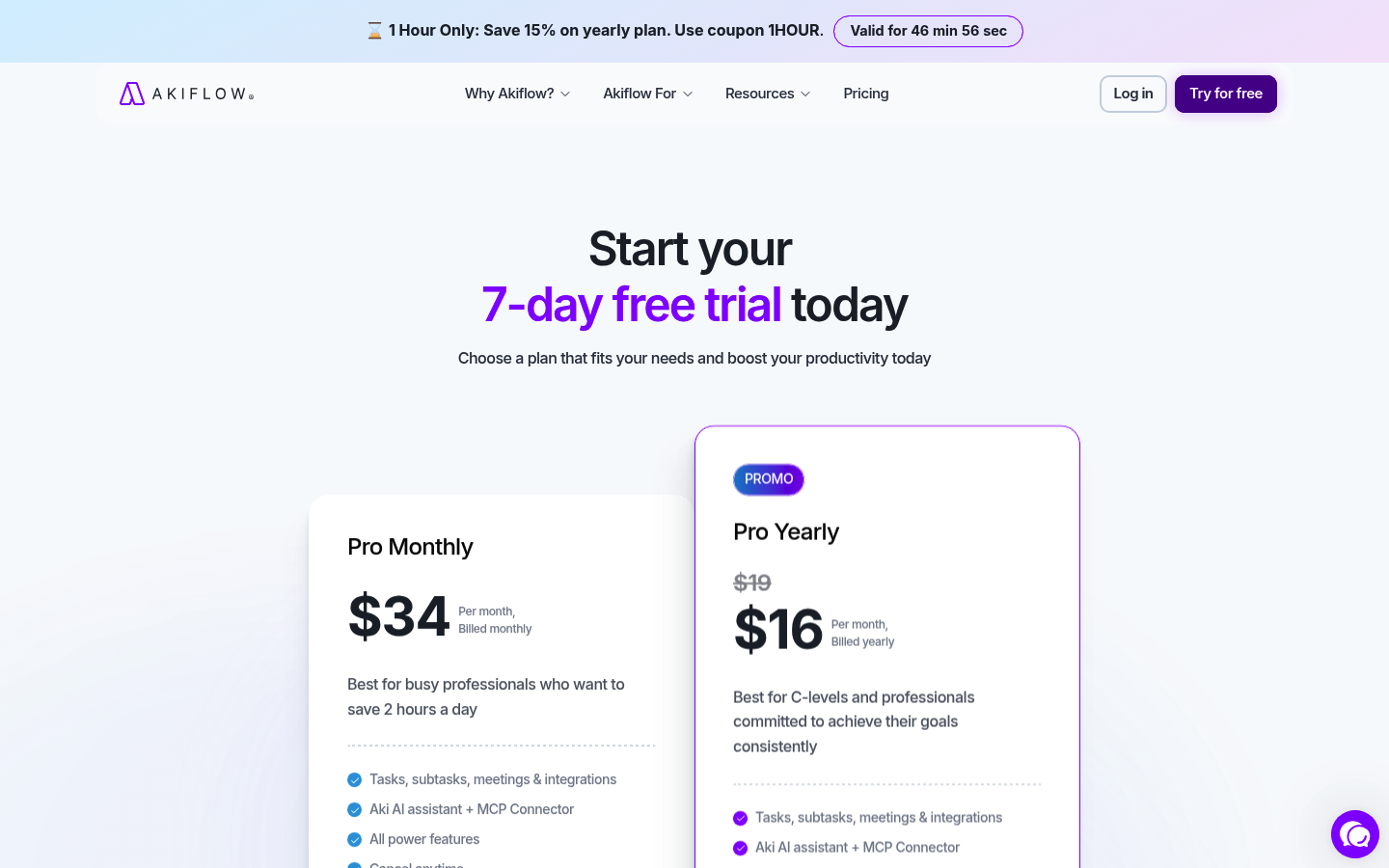 Screenshot of Akiflow's pricing page showing its plans and prices