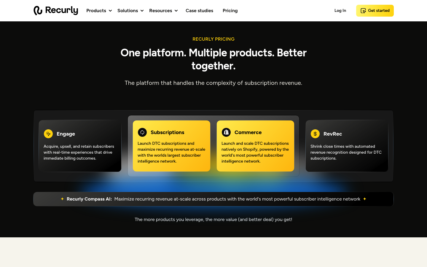 Screenshot of Recurly's pricing page showing its plans and prices