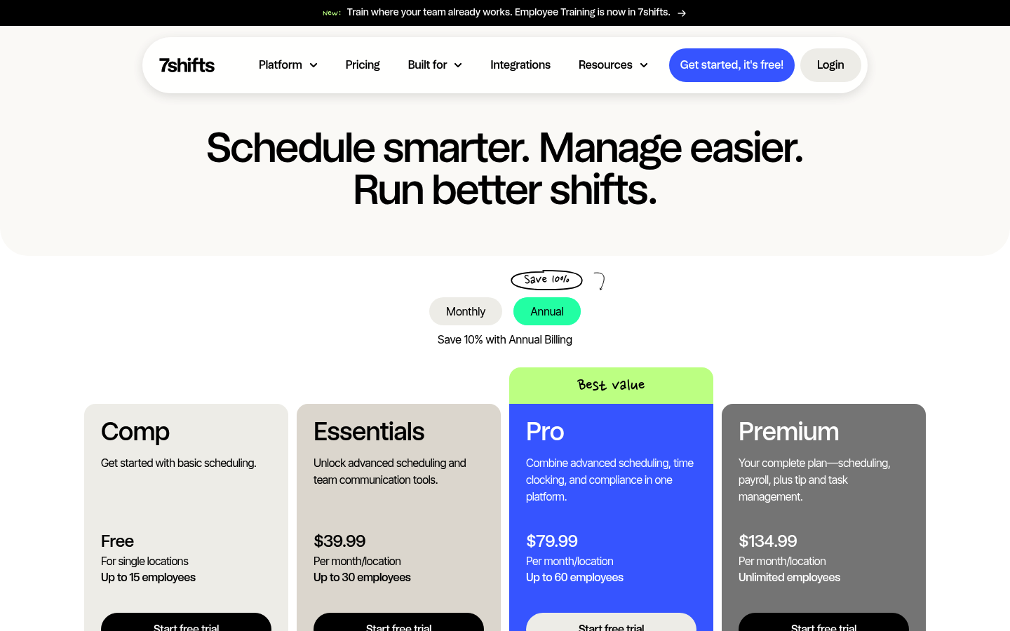 Screenshot of 7shifts's pricing page showing its plans and prices