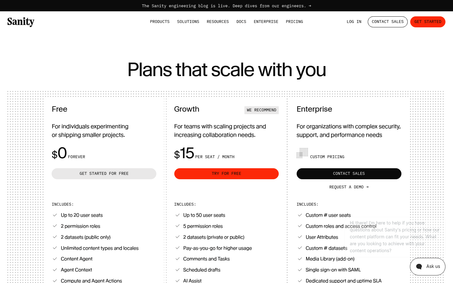 Screenshot of Sanity's pricing page showing its plans and prices
