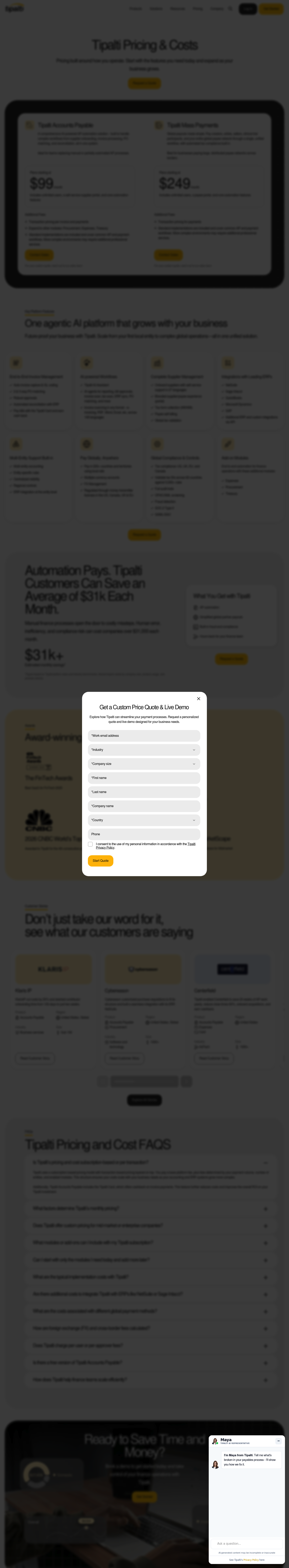 Screenshot of Tipalti's pricing page showing its plans and prices