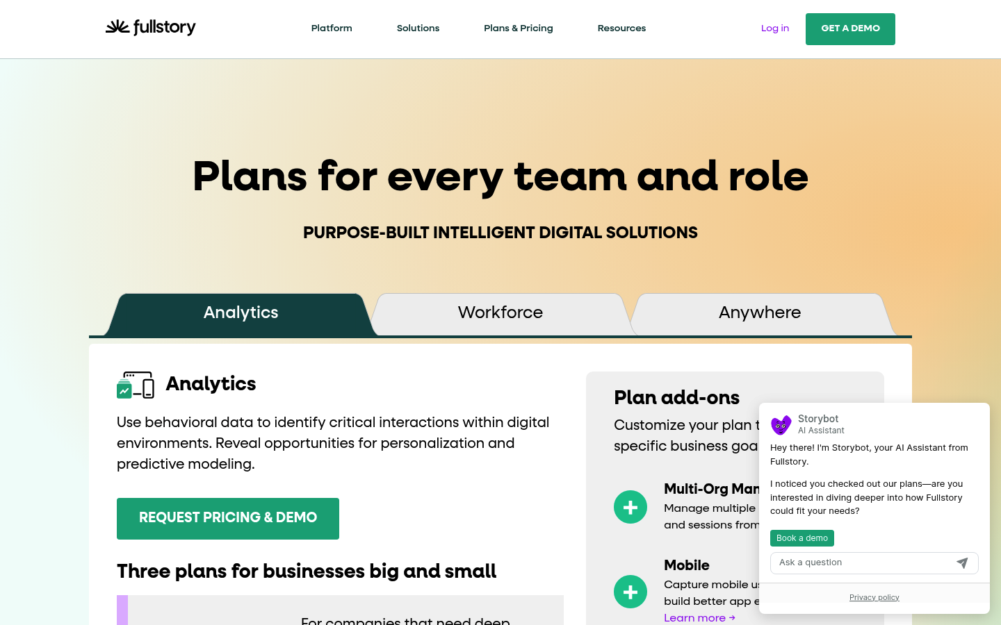 Screenshot of FullStory's pricing page showing its plans and prices