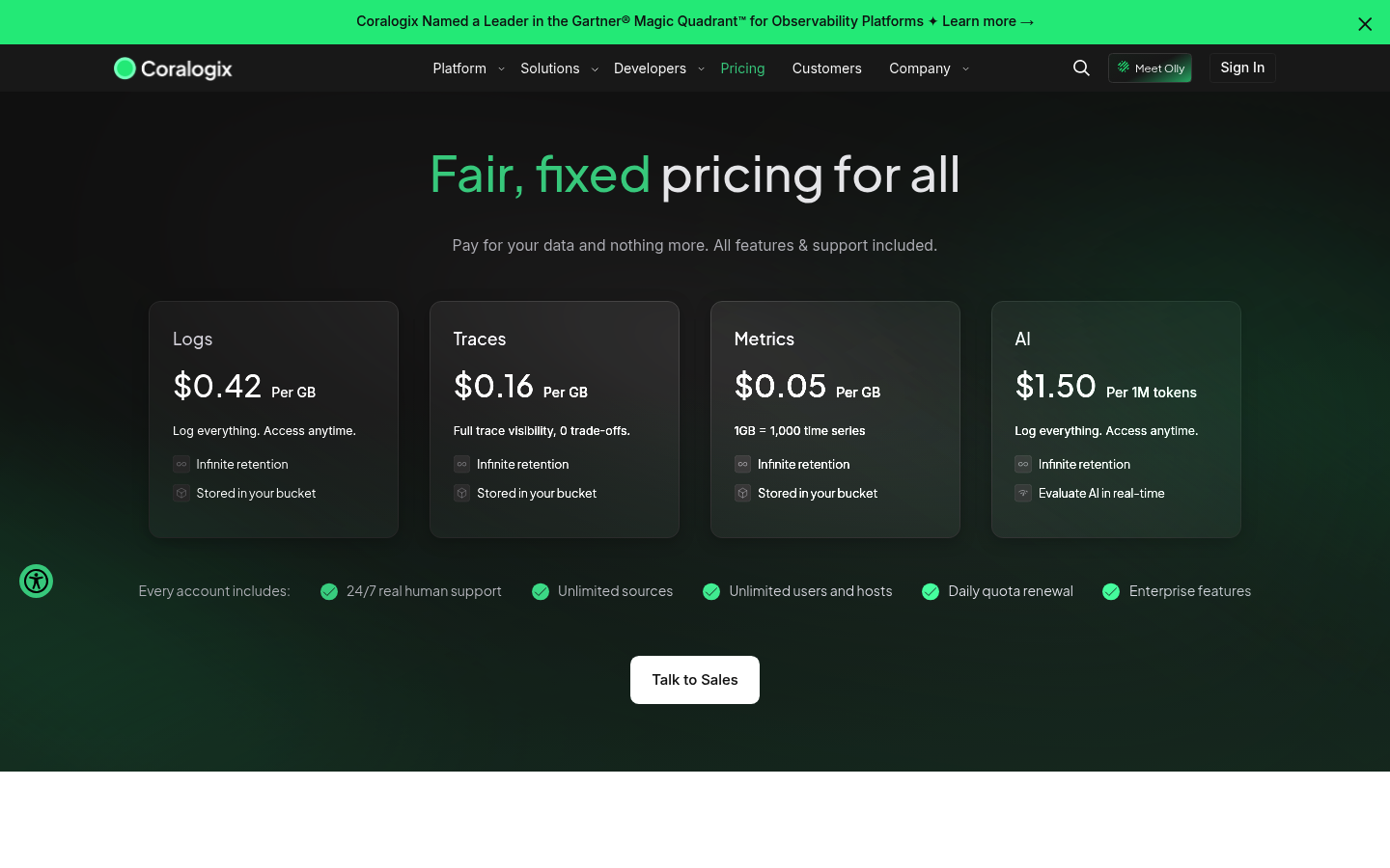 Screenshot of Coralogix's pricing page showing its plans and prices