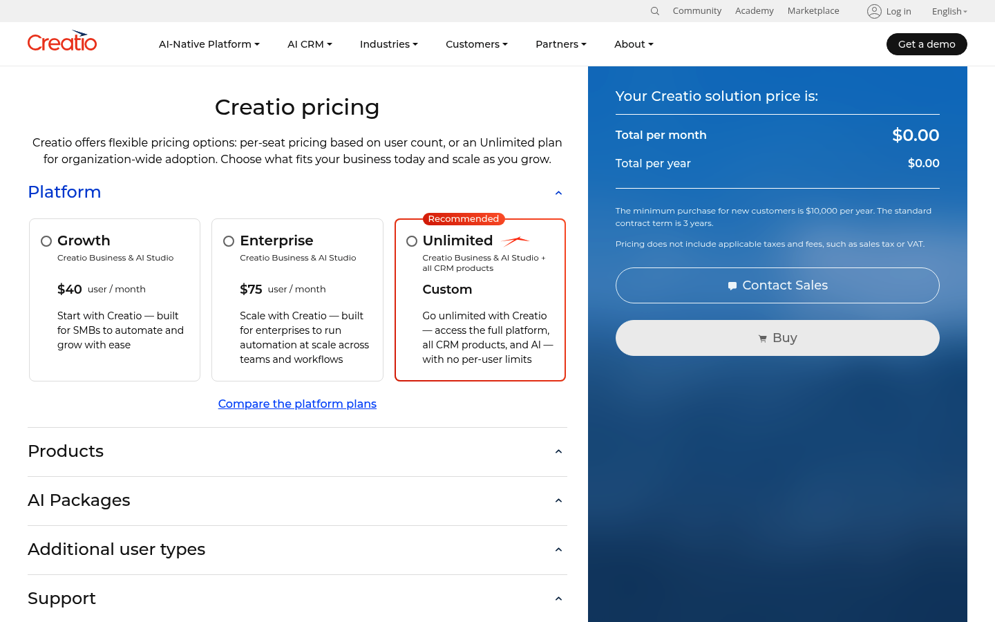 Screenshot of Creatio's pricing page showing its plans and prices